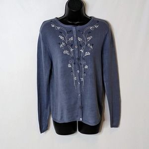 SILK LORE Dusty Blue Lightweight Ribbon Embroidered Silk Cardigan Size Small